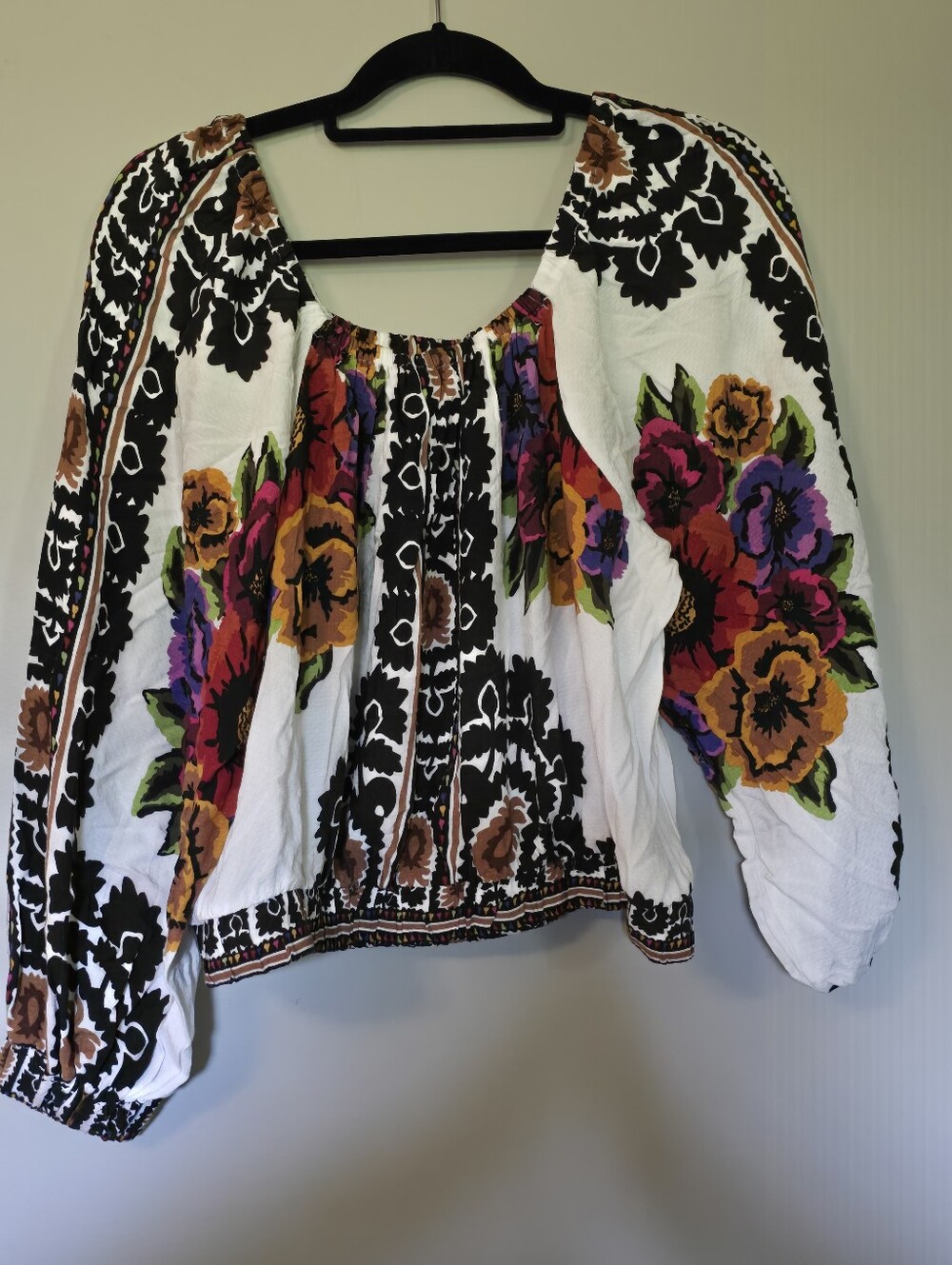 Rachel Zoe White Peasant Blouse with Multicolor Floral Embroidery